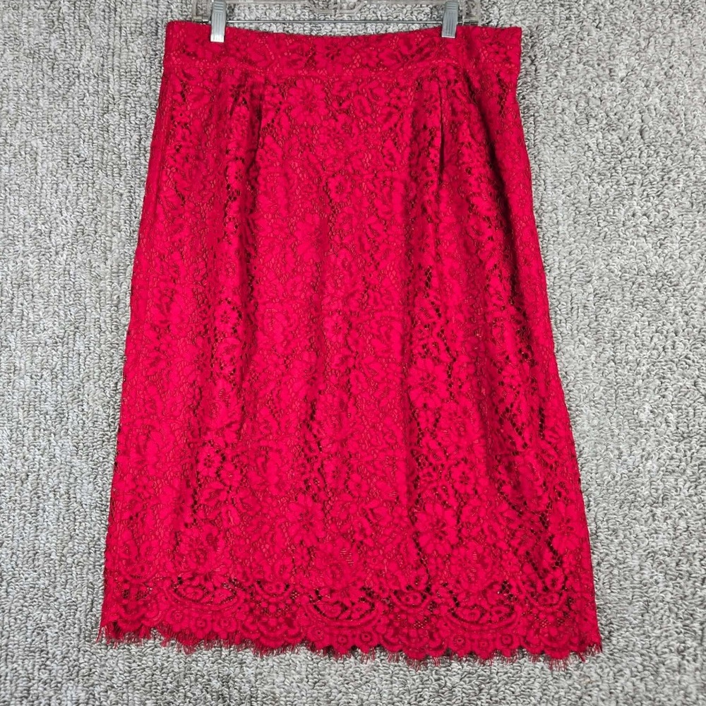 J.Crew Pencil Skirt Red Floral Lace Romantic Women Size 16